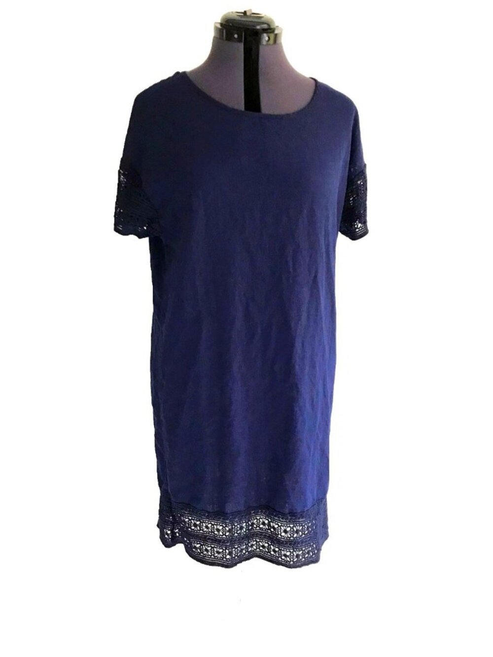 For Cynthia Linen Blend Shift Dress Navy Blue Crochet Lace Trim, Size M